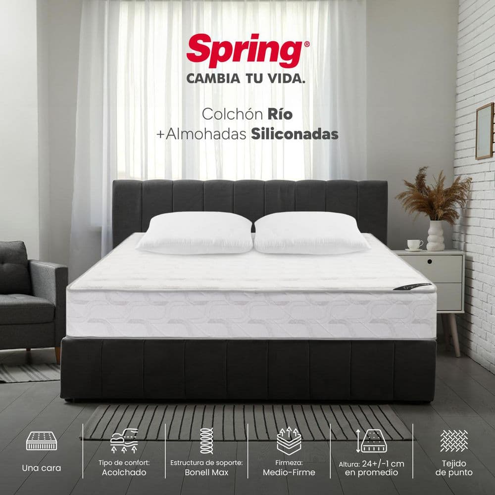 Colchón SPRING Doble (140 x 190 cm) RIO Resortado Semifirme 2 Almohadas Siliconada