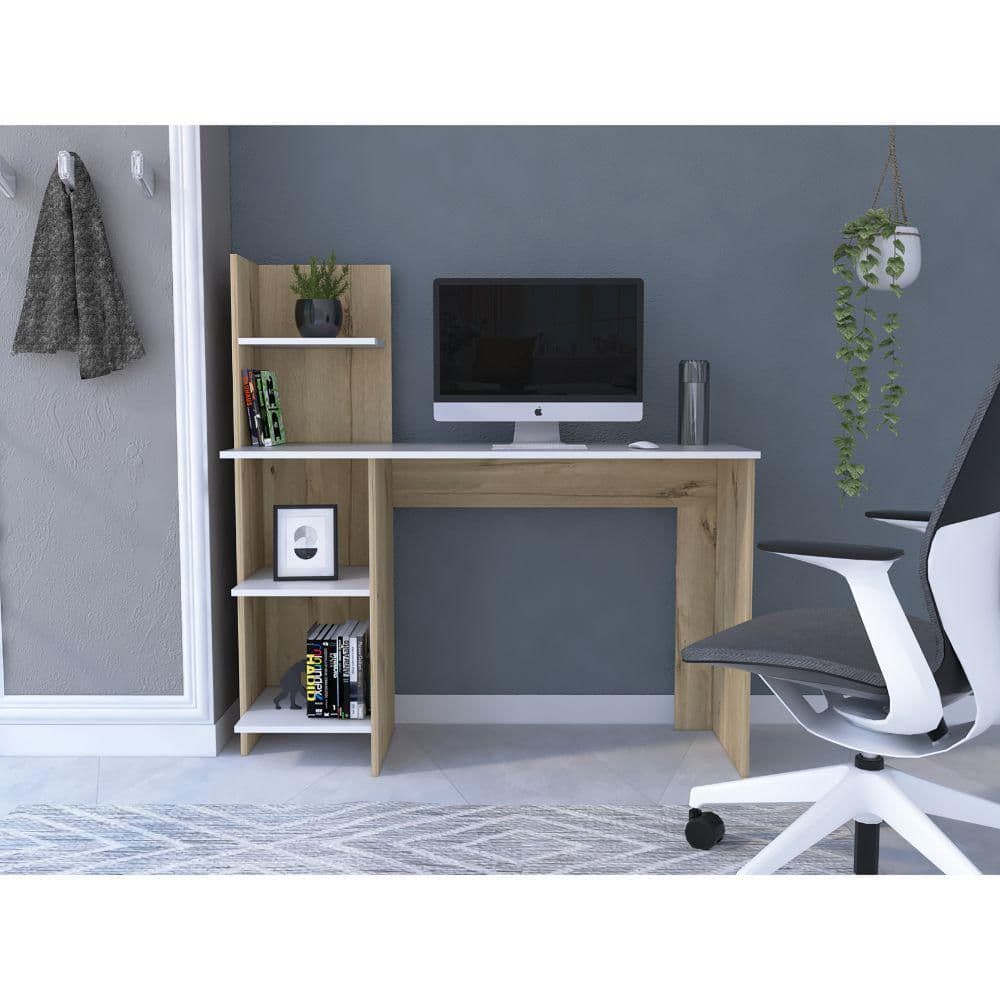 Escritorio ¡Wow!, Macadamia Y Blanco, Con Cuatro Entrepaños Para Ubicar Elementos De Estudio