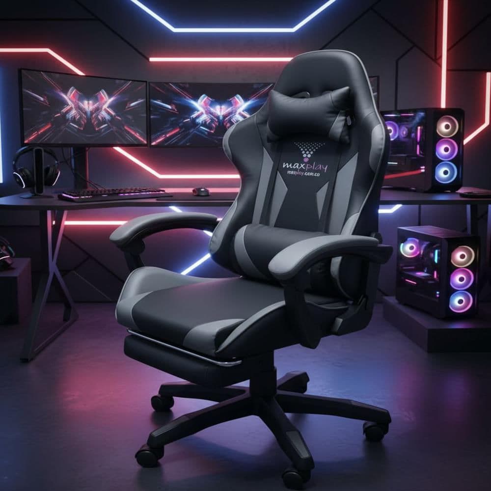 Silla Gamer Negro Gris Masajeador Lumbar, Reposapies