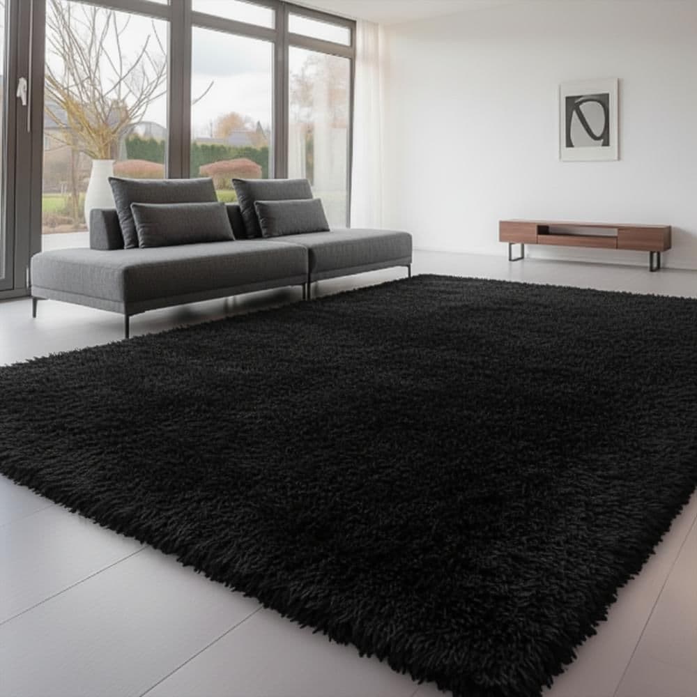 Alfombra De Peluche 200X150cm Suave Antideslizante Negro Elegante